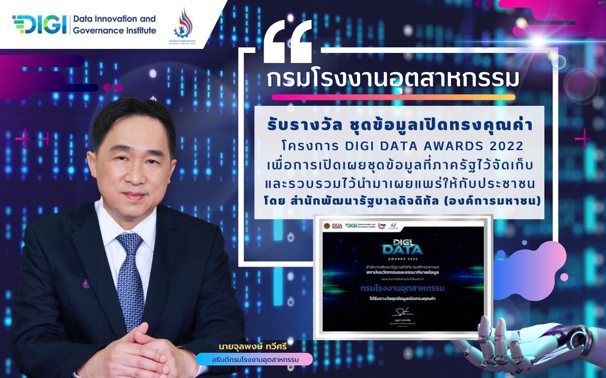 You are currently viewing กรมโรงงานฯ คว้ารางวัล ชุดข้อมูลเปิดทรงคุณค่า ในโครงการ DIGI DATA AWARDS 2022 ด้วยความมุ่งมั่นปรับเปลี่ยนสู่การเป็นรัฐบาลดิจิทัล