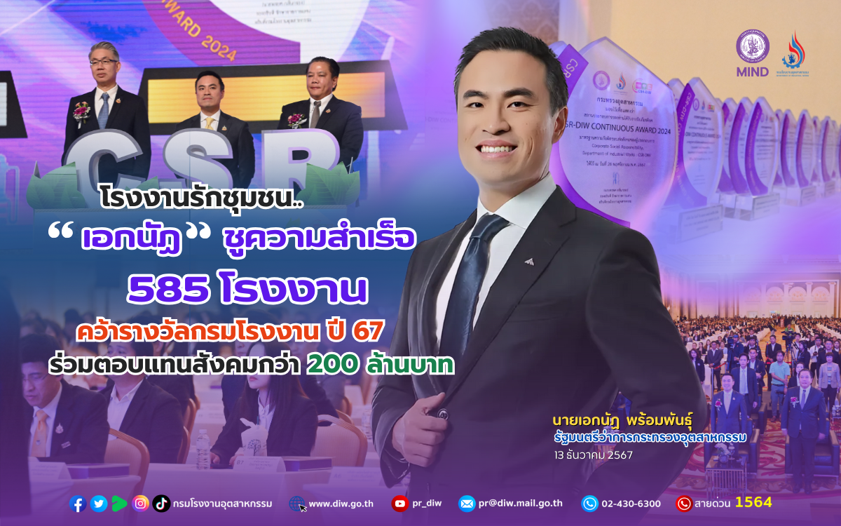 You are currently viewing โรงงานรักชุมชน.. “เอกนัฏ” ชูความสำเร็จ 585 โรงงาน คว้ารางวัลกรมโรงงาน ปี 67 ร่วมตอบแทนสังคมกว่า 200 ล้านบาท